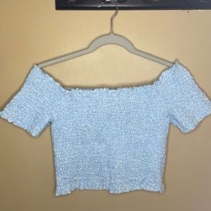 White blue off the shoulders crop top